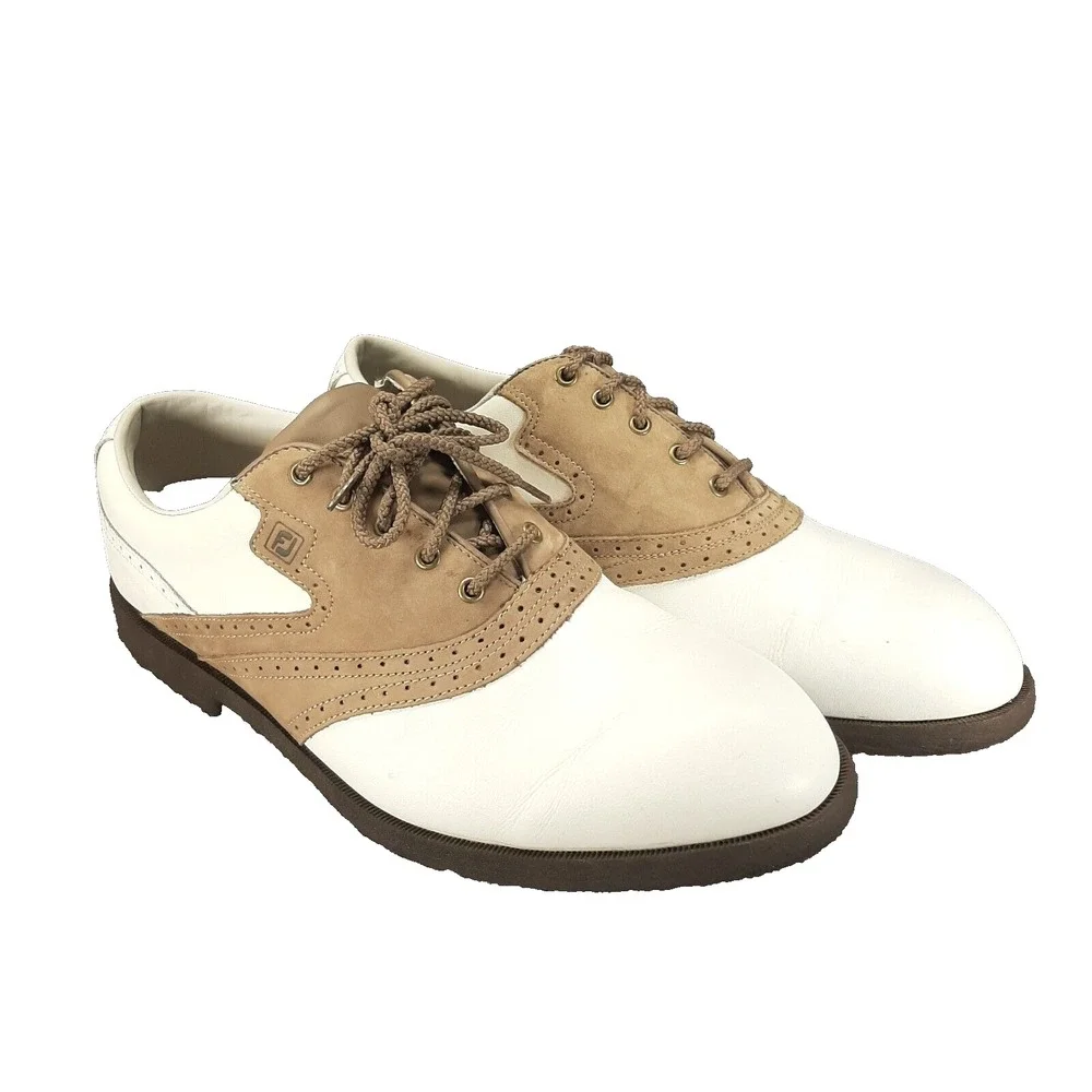 FJ Foot Joy Men's Golf Shoes White Brown Leather Lace Up 9.5M 53325 Footjoy READ